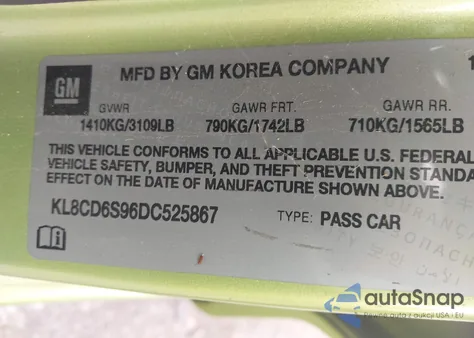 2013 Chevrolet Spark 1Lt Auto from USA, damaged, VIN KL8CD6S96DC525867